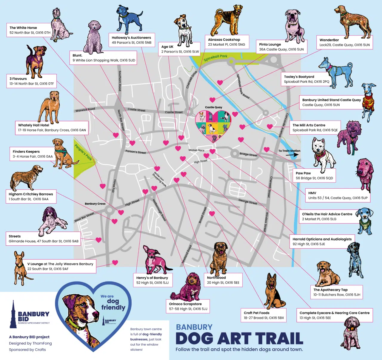 Map of the Banbury Dog Art Trail showing all sculpture locations across the town centre